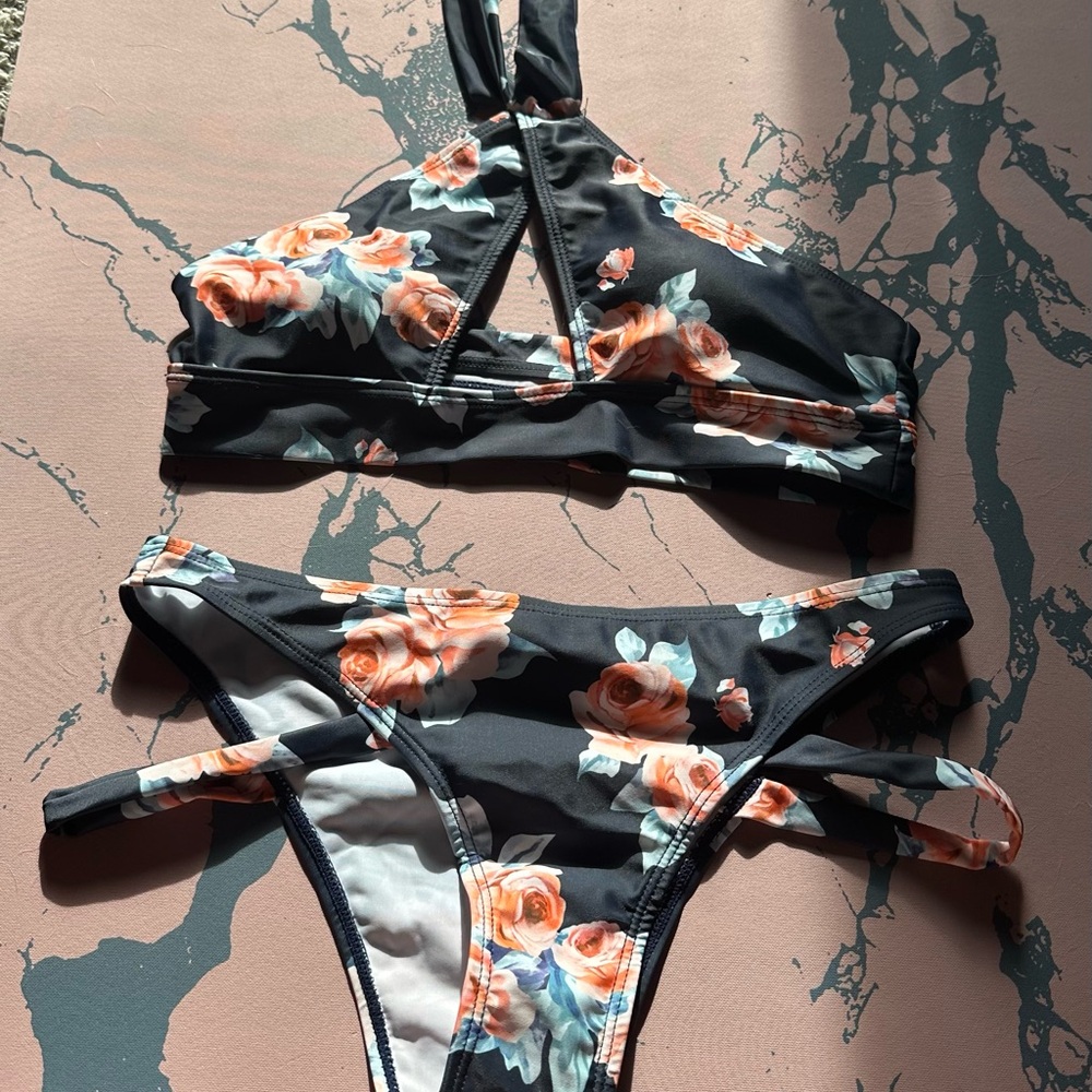 Never Worn Floral Bikini Set with Halter Top - Size Medium